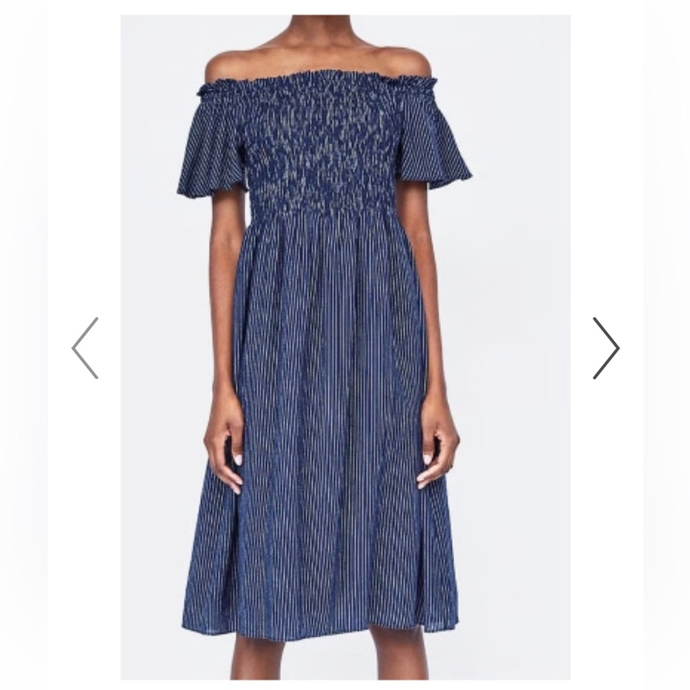 Zara Navy and White Off-Shoulder Striped Midi Dress. Size-M
